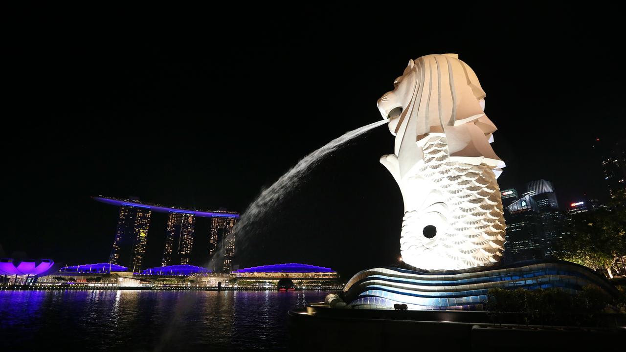 Singapore’s Lion Fountain at Merlion Park, with the ArtScience Museum and Marina Bay Sands in the background. Picture: Vanessa Hunter