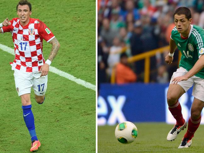 (FILES) This file photo shows (L) Croatia's forward Mario Mandzukic in the Amazonia Arena in Manaus on June 18, 2014 and (R) Mexico´s Javier Hernandez at the Azteca stadium in Mexico City on June 11, 2013. Croatia will face Mexico for their Group A football match at the Pernambuco Arena in Recife during the 2014 FIFA World Cup on June 23, 2014. AFP PHOTO / FILES / EMMANUEL DUNAND / Alfredo ESTRELLA