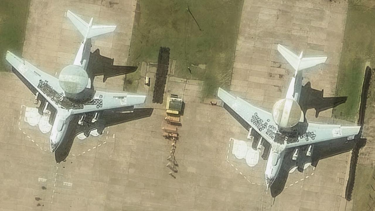 Two undamaged A-50 aircraft, captured in satellite images, before the Ukrainian attacks last month. Picture: Maxar Technologies/AFP