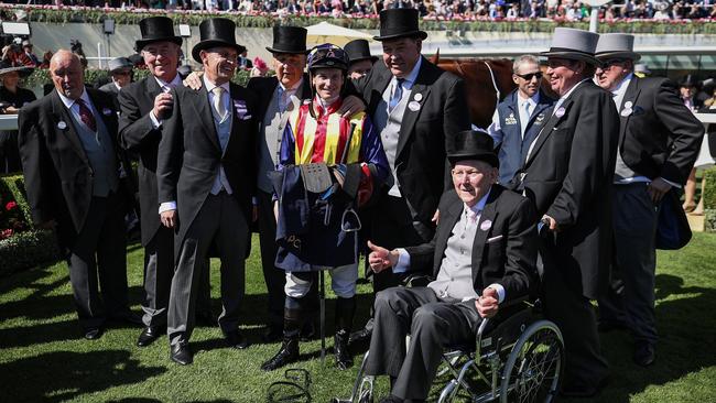 Nature Strip’s connections, including Jack Van Duuren (in wheelchair) celebrates the champion’s victory in the The King's Stand Stakes. Picture: Getty Images