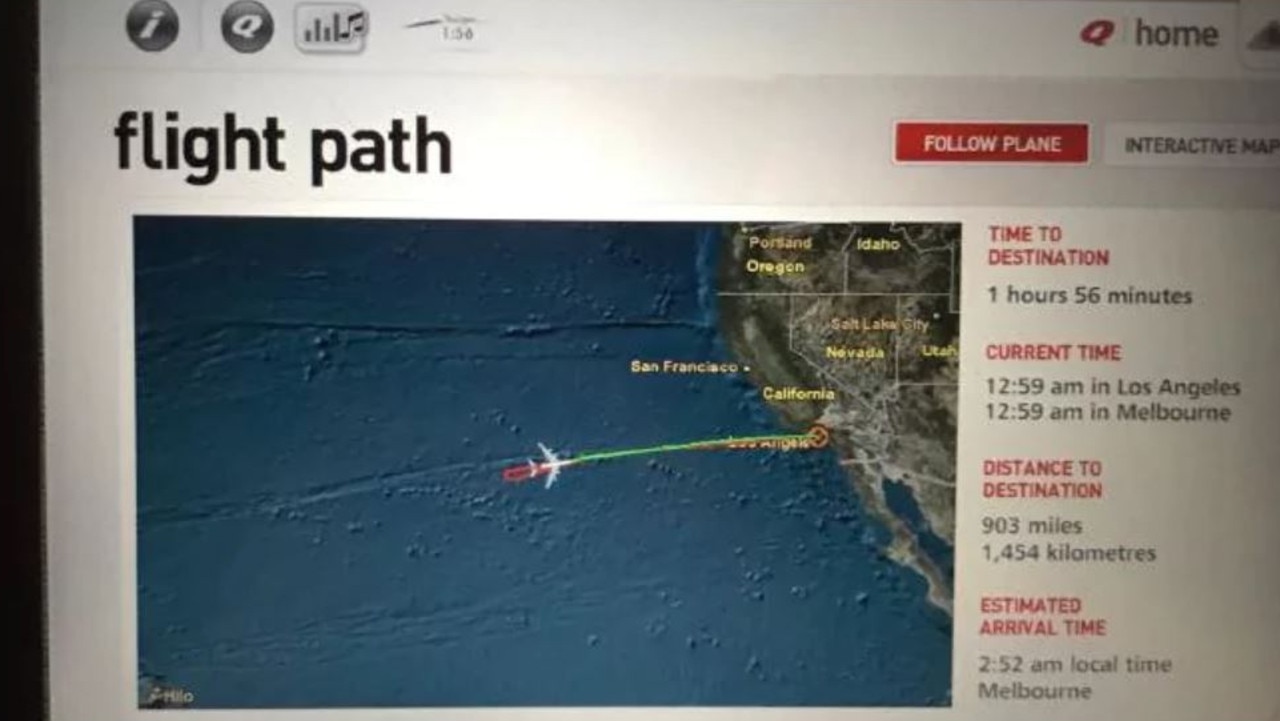 A picture from one of the seat back TV screens on the May 2017 flight showing the aborted flight heading back to LA two hours into the journey to Melbourne.