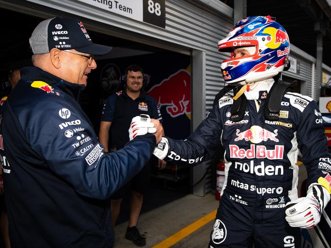 Roland Dane congratulates Jamie Whincup at Pukekohe Park Raceway in 2019 in Auckland, New Zealand. Picture: Daniel Kalisz/Getty Images