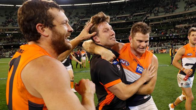 Sam Reid celebrates with teammates after qualifying for the Grand Final. Picture: Getty Images