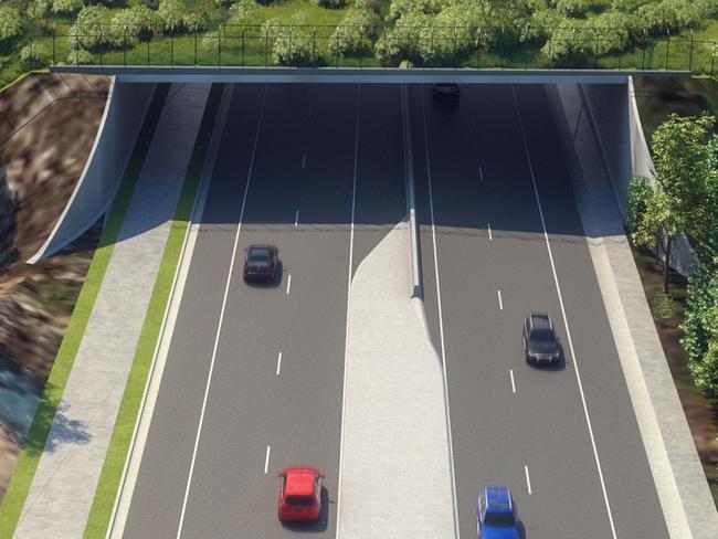 An artist's impression of the fauna overpass to be built over Mona Vale Road at Ingleside. Picture: Roads and Maritime Services