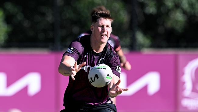 BRISBANE, AUSTRALIA – MAY 09: Josh Rogers passes the ball during a Brisbane Broncos NRL Captain's Run at Clive Berghofer Field on May 09, 2024 in Brisbane, Australia. (Photo by Bradley Kanaris/Getty Images)