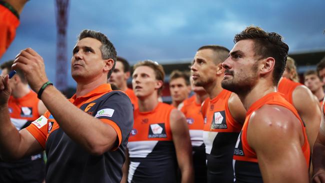 Leon Cameron speaks to his players during their clash with Brisbane. Picture: Phil Hillyard