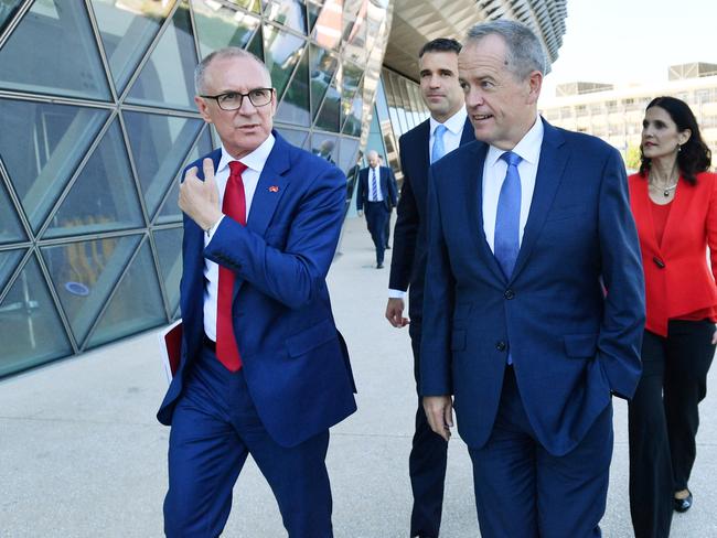 South Australian Premier Jay Weatherill, SA Health Minister Peter Malinauskas, Federal Labor leader Bill Shorten and Adelaide MP Jo Chapley tour the SAMHRI Medical centre in Adelaide earlier this month.