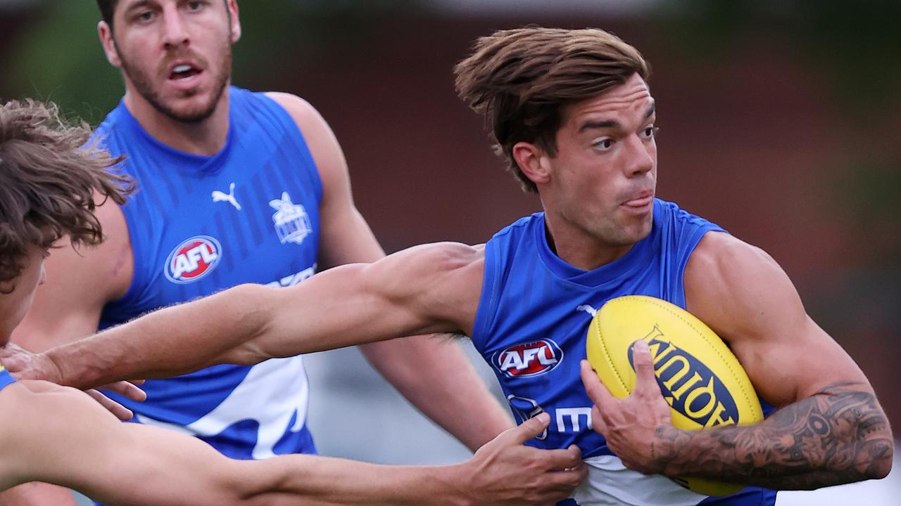 Kangaroos co-captain Jy Simpkin left the track before halftime of North Melbourne’s intraclub game due to hamstring tightness and did not return to the field. Picture: Mark Stewart