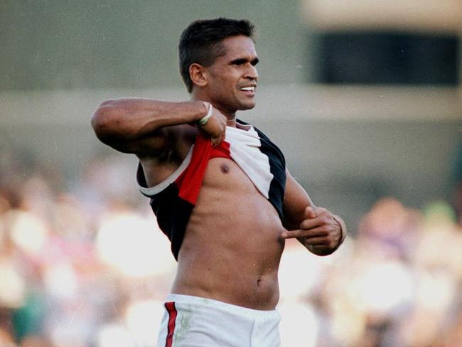 Winmar’s stance against racial abuse is one of the most iconic moments in VFL/AFL history. Picture: John Feder