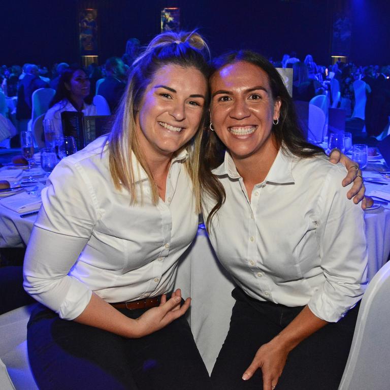 Brianna Clark and Evania Pelite at Gold Coast Titans Awards night at The Star Gold Coast. Picture: Regina King.