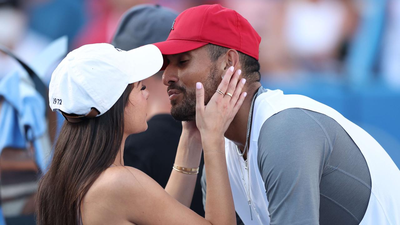 Nick Kyrgios of Australia celebrates with his girlfriend Costeen Hatzi after winning in Washington. Patrick Smith/Getty Images/AFP.