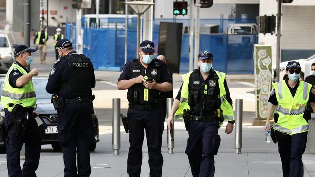 Police patrol the Brisbane CBD during lockdown. Picture: Liam Kidston