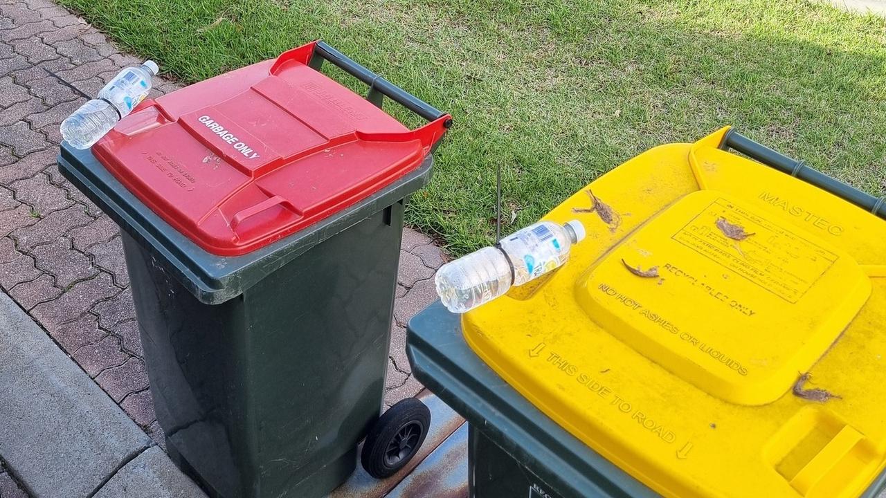 The City of Onkaparinga council is warning about the dangers of residents using items to weigh down their bins. Picture: Supplied.