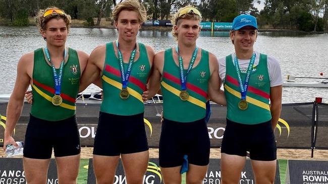 The gold medal winning crew from St Augustine's College, Brookvale, in the under/19 Men's Coxless Four at the 2022 Australian Rowing Championships. The crew was made up of (left to right) Beau Nicholas, Oliver St Pierre, Brandon Smith and Joshua Wilson. Picture: St Augustine's College