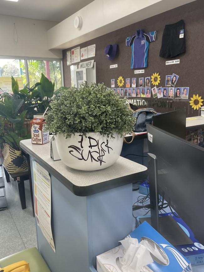 Vandals have broken into Millner Primary School on the first day of the school holidays, smashing a glass door and leaving rude graffiti on the walls. Picture: Bethany Griffiths