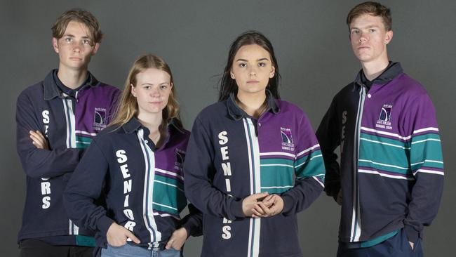 North Lakes State College Year 12 student Emily Lennon’s (third from left) campaign to allow parents at this year’s Year 12 graduation quickly grew after friends like Lachlan Thomas, Charlotte Massey and Jackson Turnbull started sharing it on social media. Picture: Renae Droop