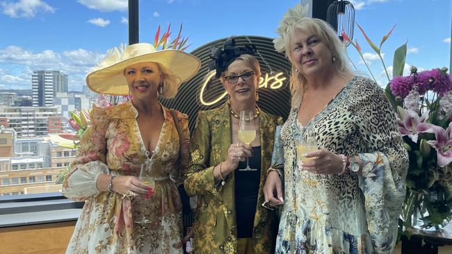 Kylee Hughes, Judy Stibbard and Rebecca Daines at Roundhouse Newcastle at a Melbourne Cup event. Pic: Amy Ziniak