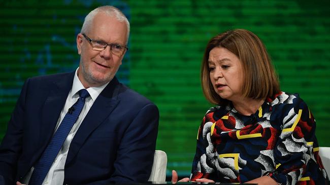 Former ABC managing director Michelle Guthrie (right) and ABC chairman Justin Milne (left) during the ABC Annual Public Meeting in Ultimo earlier this year.