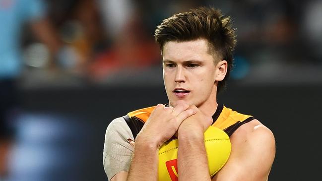 Mitch Lewis marks during the round two AFL match between the Port Adelaide Power and the Hawthorn Hawks at Adelaide Oval on March 26, 2022.