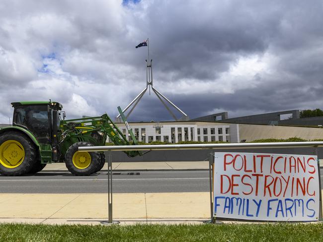 A tractor is seen parked near the 'Can the Murray-Darling Basin Plan' rally held outside Parliament House in Canberra, Monday, December 2, 2019. (AAP Image/Lukas Coch) NO ARCHIVING