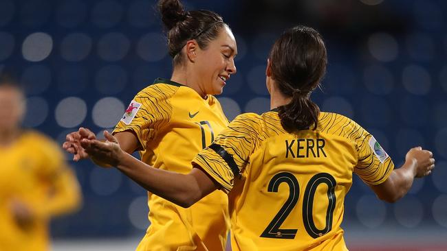 Kyah Simon, player of the match, celebrates with Sam Kerr. Pic: Francois Nel/Getty Images