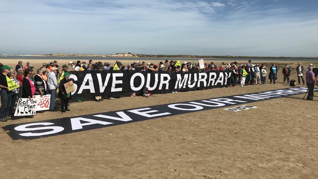 Demonstrators at Sugar Beach, Hindmarsh Island protesting water allocations for the Murray River. Picture: AAP / Wilderness Society South Australia