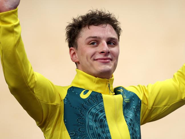 PARIS, FRANCE - AUGUST 11: Silver medalist Matthew Richardson poses on the podium after the Men's Keirin, Final on day sixteen of the Olympic Games Paris 2024 at Saint-Quentin-en-Yvelines Velodrome on August 11, 2024 in Paris, France. (Photo by Jared C. Tilton/Getty Images)