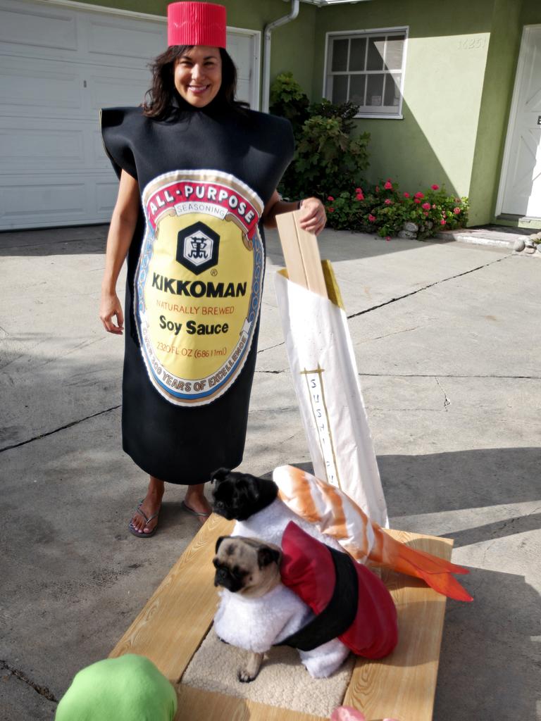 Lisa Woodruff holds a pair of chop sticks posing with her 4 year old pug dogs Mochi, foreground, and Olive dressed as sushi at their home in Huntington Beach California. The stepsisters have been geisha girls, surfer girls and sushi over the years. They may not understand the tradition, but “pugs understand positive energy,” explained dog owner, partner and costume designer Lisa Woodruff. Picture: AP Photo