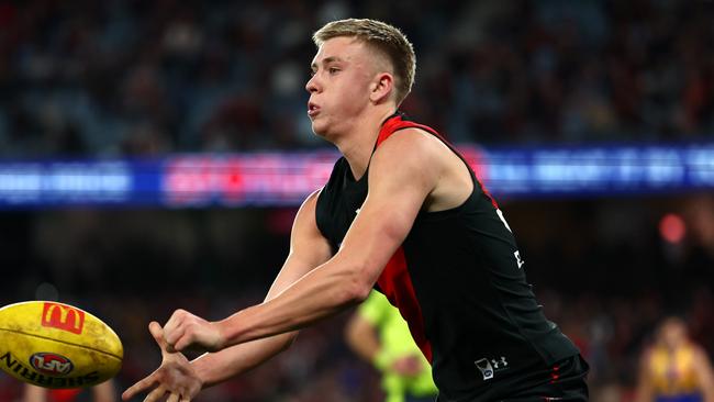 Essendon No. 10 pick Nate Caddy booted two goals against West Coast on Sunday in his second AFL game. Picture: Quinn Rooney / Getty Images