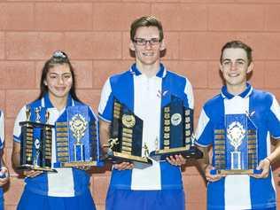 AWARD WINNERS: Harristown State High School students (from left) Felicity Koch, Kylie Janes, Mason Hughes, Jack Oster and Maddison Teakle celebrate their school sport award wins. Picture: Nev Madsen