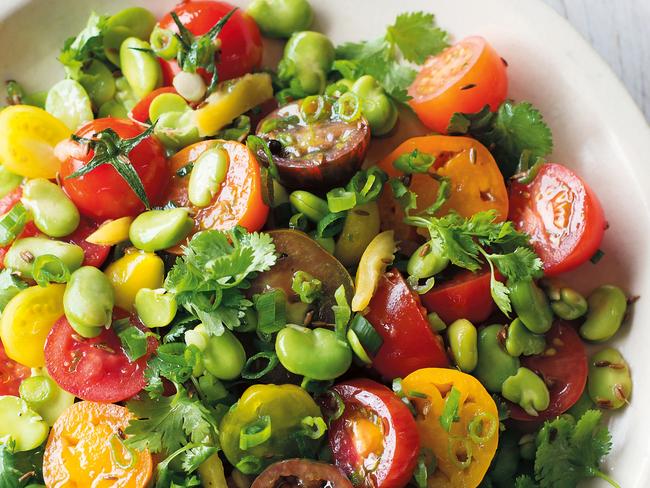 EMBARGO FOR TWAM, 18 JANUARY 2025. FEE MAY APPLY. Tomato and broadbean salad from Middle Eastern Feasts by Michael Rantissi & Kristy Frawley, photography by Alan Benson. Murdoch Books RRP $39.99.