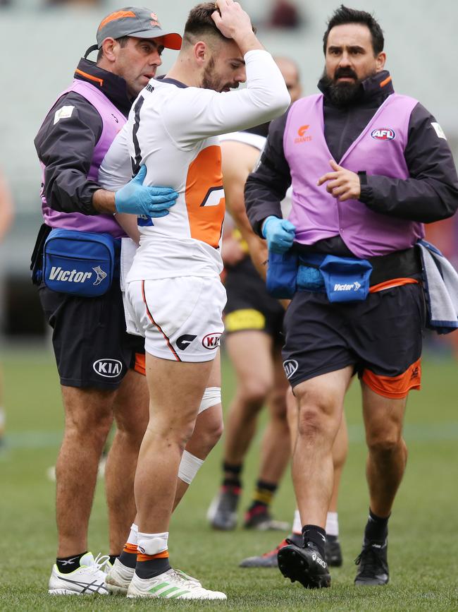 A dejected Stephen Coniglio knew he was in trouble immediately. Picture: Getty Images