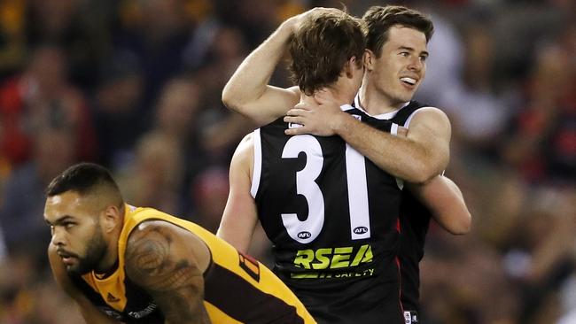 MELBOURNE, AUSTRALIA - MAY 01: Jack Higgins of the Saints celebrates a goal with Ryan Byrnes of the Saints during the 2021 AFL Round 07 match between the St Kilda Saints and the Hawthorn Hawks at Marvel Stadium on May 01, 2021 in Melbourne, Australia. (Photo by Dylan Burns/AFL Photos via Getty Images)