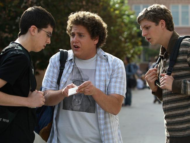 Jonah Hill with Superbad co-stars Christopher Mintz-Plasse (left) and Michael Cera in a scene from the 2007 movie. Picture: Sony Pictures