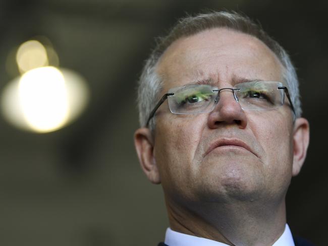 Australian Prime Minister Scott Morrison speaks to the media after a visit to 'On The Go' sportswear in Canberra, Tuesday, October 30, 2018.  (AAP Image/Lukas Coch) NO ARCHIVING