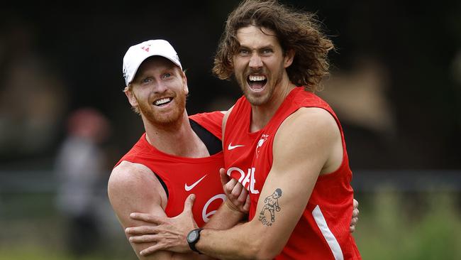 Aaron Francis and Tom Hickey at Sydney training. Picture: Phil Hillyard