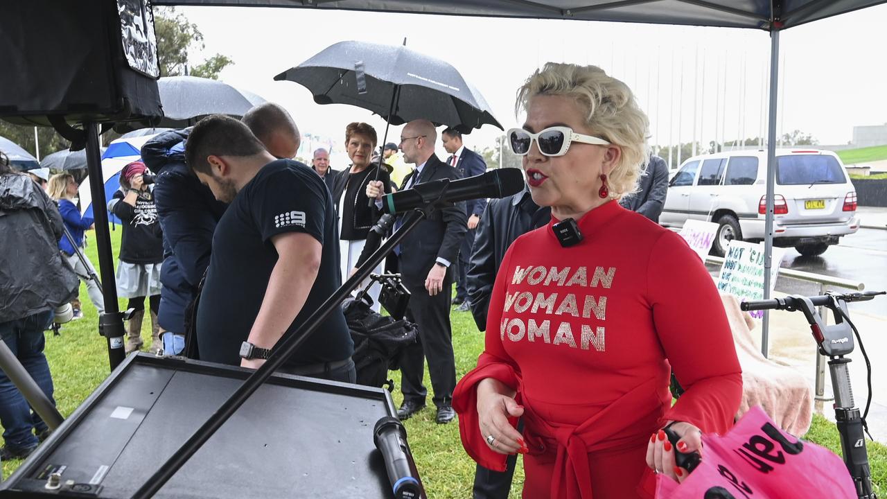 The anti-transgender activist Kellie Jay-Keen holds a rally at Parliament house in Canberra earlier in the tour. Picture: NCA NewsWire / Martin Ollman