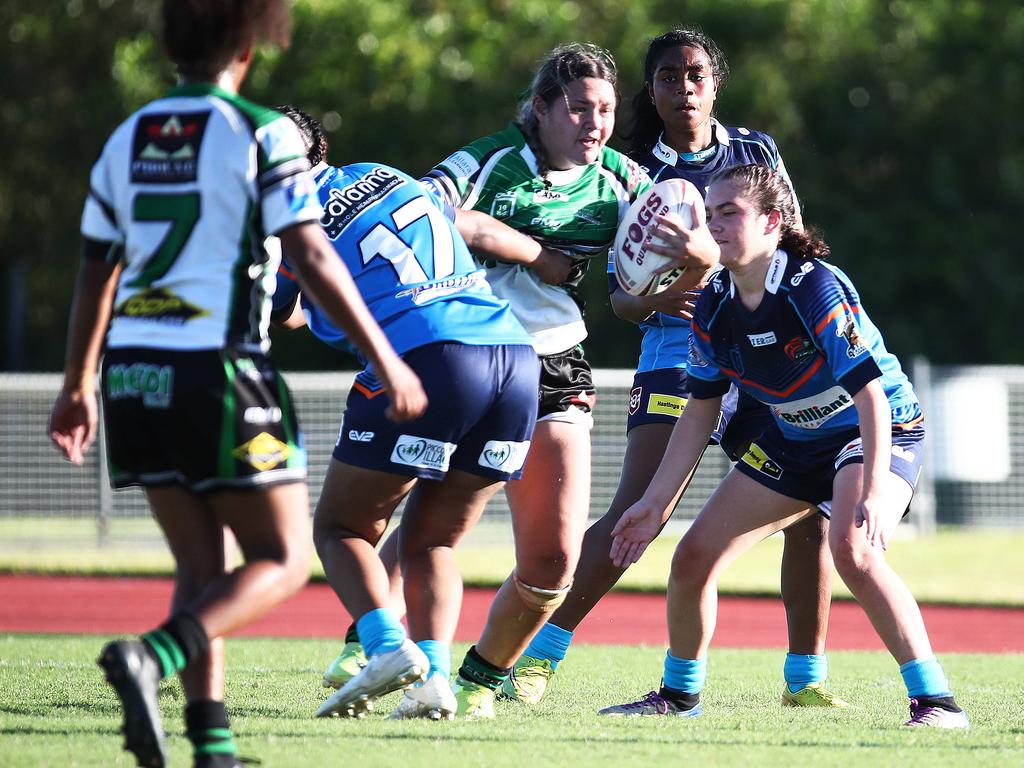 Blackhawks captain Jordii Mahendrarajah takes the ball up in the QRL Under 19s women's match between the Northern Pride and the Townsville Blackhawks, held at Barlow Park. Picture: Brendan Radke