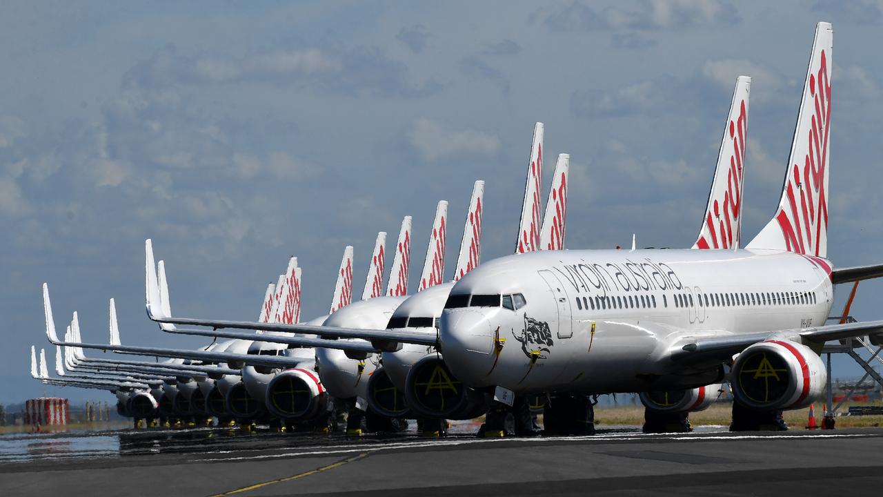 Grounded Virgin aircraft parked at Brisbane Airport. Picture: Darren England/AAP