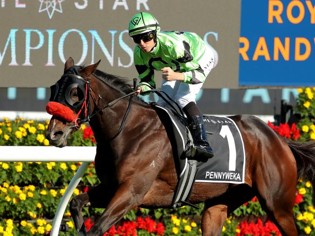 SYDNEY, AUSTRALIA - APRIL 08: Damian Lane riding Pennyweka wins Race 6 The Star Australian Oaks during The Star Championship Day 2: Longines Queen Elizabeth Stakes Day - Sydney Racing at Royal Randwick Racecourse on April 08, 2023 in Sydney, Australia. (Photo by Jeremy Ng/Getty Images)