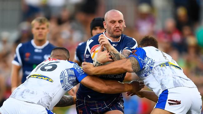 Dale Ferguson of Scotland is tackled during the 2017 Rugby League World Cup match between Samoa and Scotland at Barlow Park on November 11, 2017 in Cairns, Australia. (Photo by Ian Hitchcock/Getty Images)