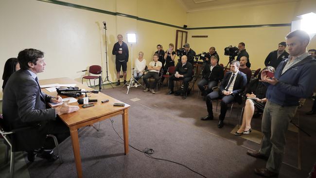 AFL CEO Gillon McLachlan fielding questions from reporters at today’s press conference at North Hobart Oval. Picture: RICHARD JUPE