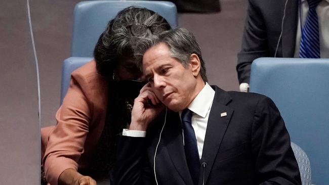 US Secretary of State Antony Blinken and US Ambassador to the UN Linda Thomas-Greenfield speak during a UN Security Council meeting. Picture: AFP