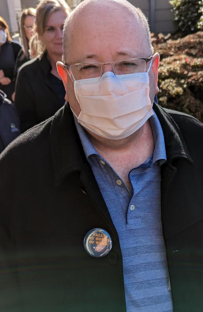 Ward clerk Craig Fraser is scared he will lose his job when federal government funding of his position runs out on June 17. He is at stop-work action at Launceston General Hospital on May 29, 2023. Picture: Alex Treacy