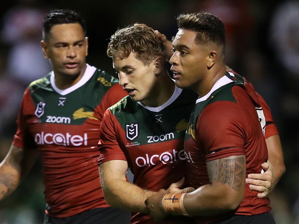 Cameron Murray of the Rabbitohs (centre) has been impressive in the pre-season. Picture: Mark Kolbe/Getty Images