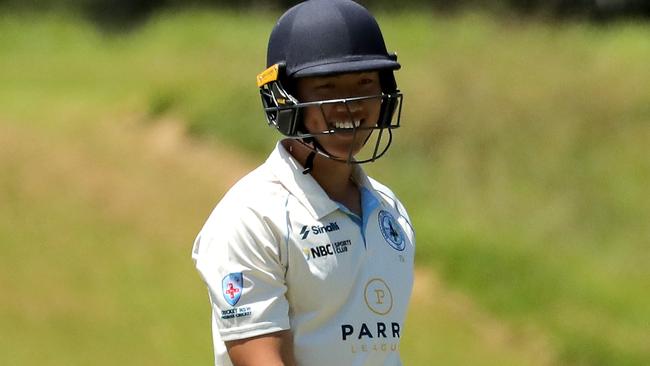 Patrick Xie of Parramatta reacts during round 5 of the NSW Premier Grade cricket match between Parramatta DCC and Bankstown DCC at Old Kings Park on November 12, 2022 in Parramatta, Australia. (Photo by Jeremy Ng/Newscorp Australia)