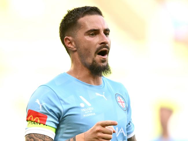 MELBOURNE, AUSTRALIA - DECEMBER 27: Jamie Maclaren of Melbourne City celebrates scoring a goal during the round nine A-League Men's match between Melbourne City and Central Coast Mariners at AAMI Park, on December 27, 2022, in Melbourne, Australia. (Photo by Morgan Hancock/Getty Images)