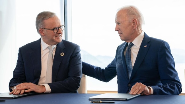 Anthony Albanese and Joe Biden talk at the signing of statement of intent to make ‘climate a key feature of our partnership’. Picture: Twitter @AlboMP