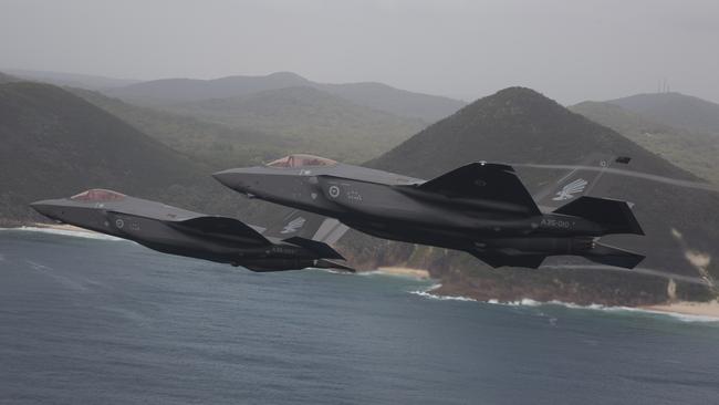 A pair of Royal Australian Air Force F-35A Joint Strike Fighters over Nelson Bay. Picture: Supplied