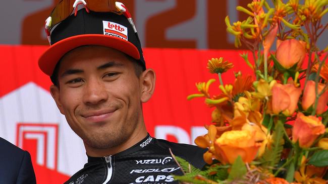 MURRAY BRIDGE, AUSTRALIA - JANUARY 24: Podium / David Lappartient of France President of the Union Cycliste Internationale UCI / Caleb Ewan of Australia and Team Lotto-Soudal / Celebration / during the 22nd Santos Tour Down Under 2020, Stage 4 a 152,8km stage from Norwood to Murray Bridge / TDU / @tourdownunder / #UCIWT / on January 24, 2020 in Murray Bridge, Australia. (Photo by Tim de Waele/Getty Images)